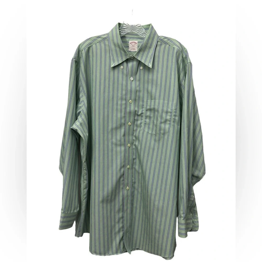 Brooks Brothers 346 Mint Green Button Down White And Blue Striped Long Slv 17.5